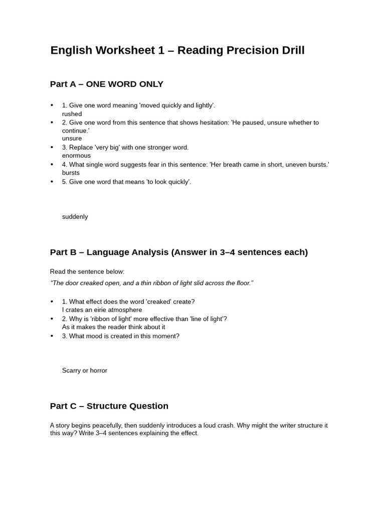 English Worksheet 1 Reading Precision Done | PDF