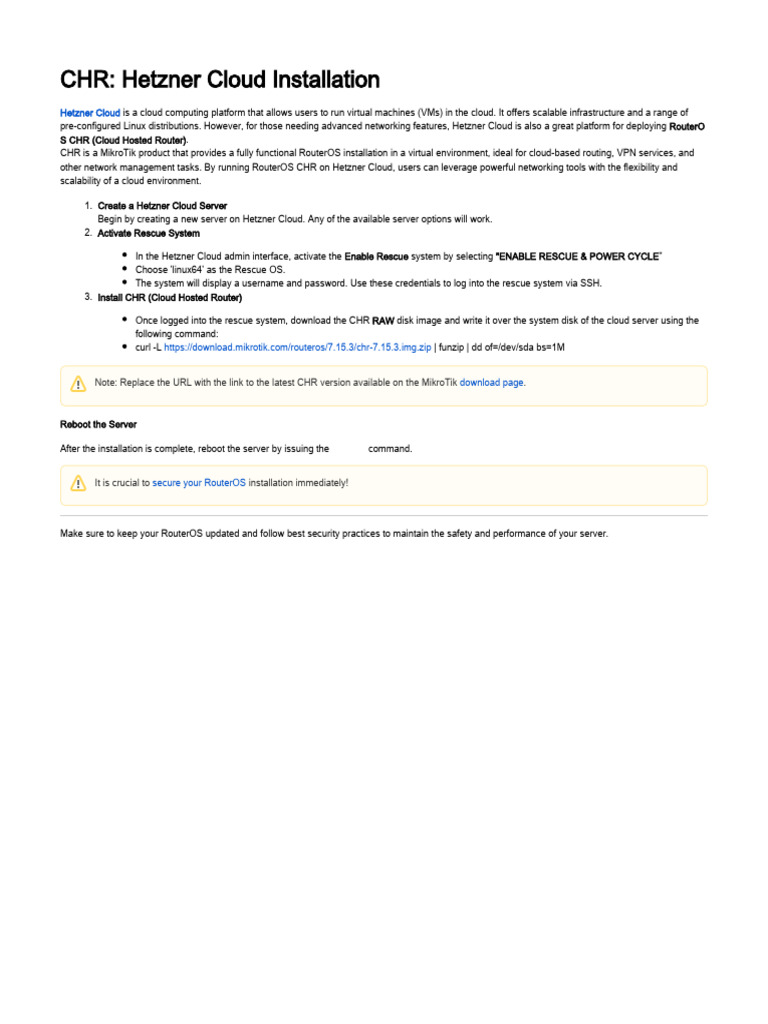 CHR: Hetzner Cloud Installation | PDF