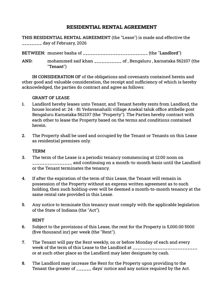 Residential Rental Agreement | PDF | Lease | Leasehold Estate