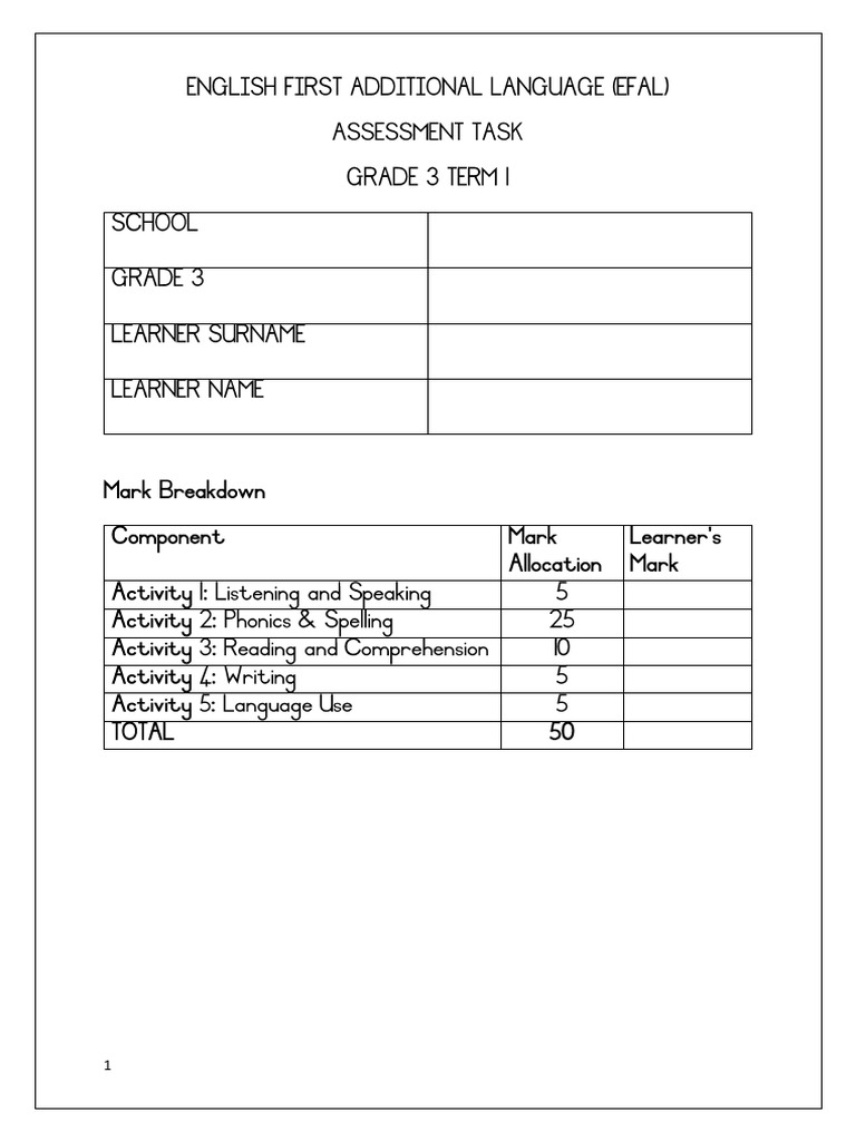 Assessment Task EFAL 2026 Term 1 Grade 3 | PDF | Phonics | Grammar