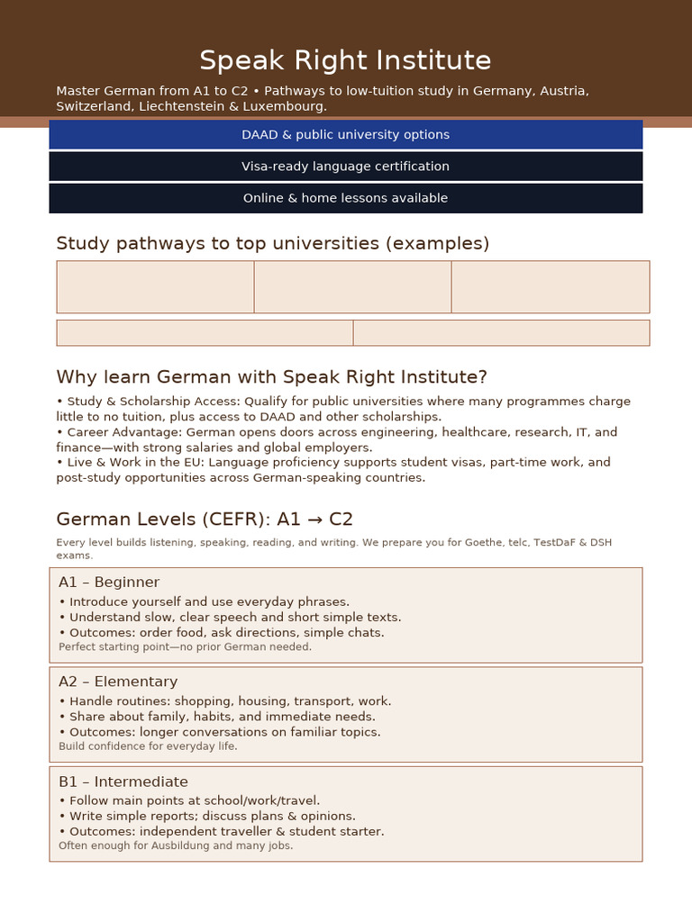 Speak Right Institute German Flyer A1-C2 BROWN | PDF