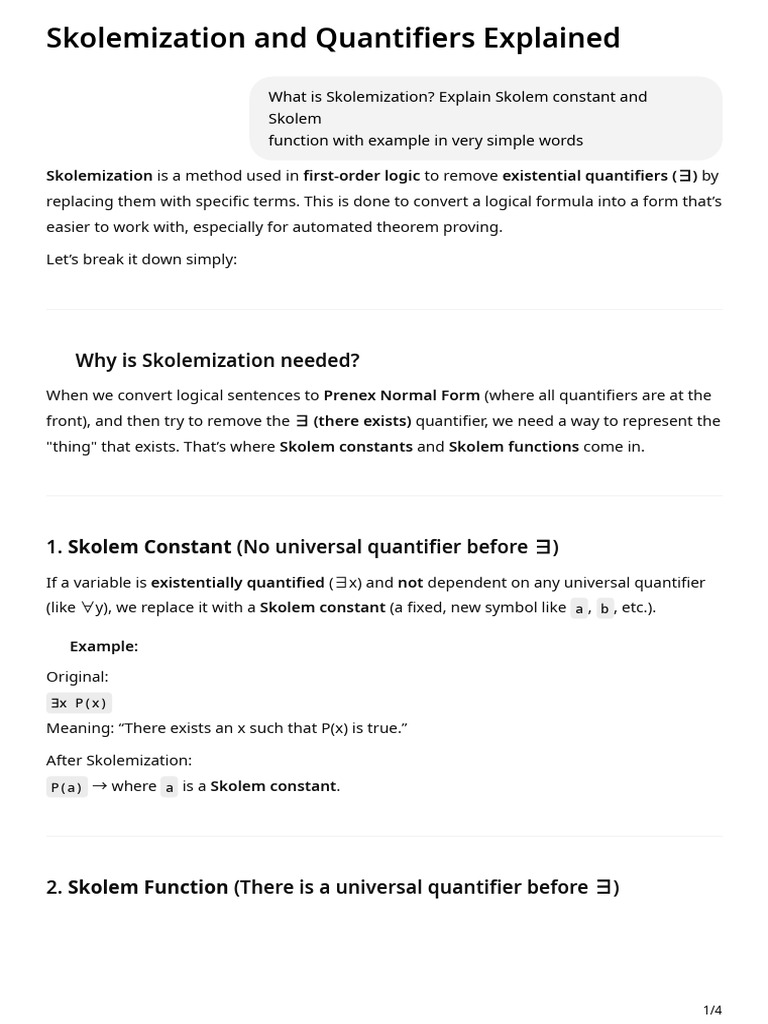 Skolemization and Quantifiers Explained | PDF | Syntax (Logic) | Logic