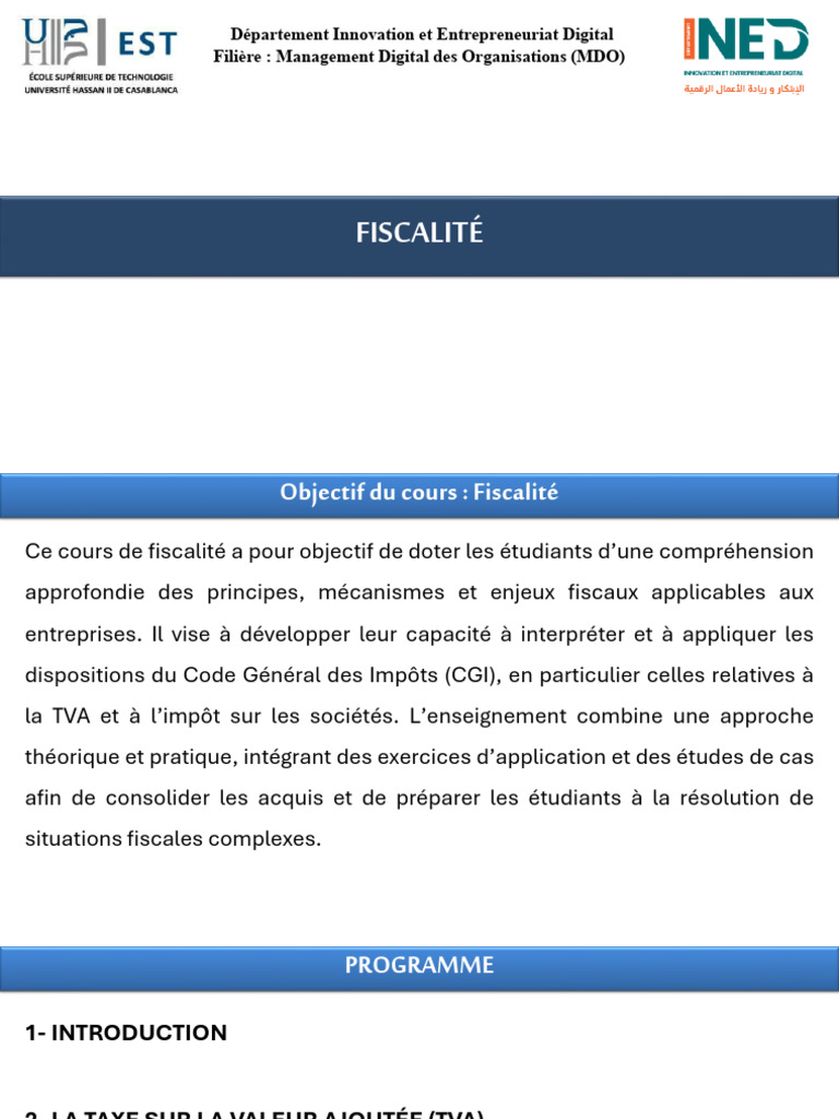Fiscalité: Département Innovation Et Entrepreneuriat Digital Filière ...
