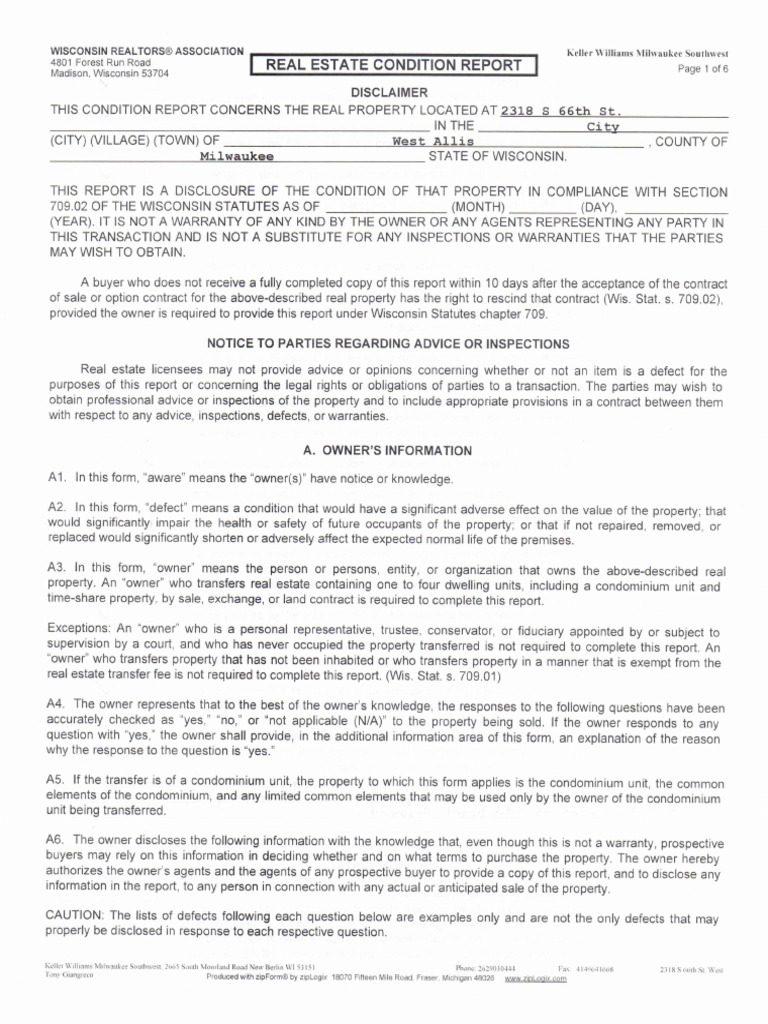 Real Estate Condition Report - S 66th ST | PDF