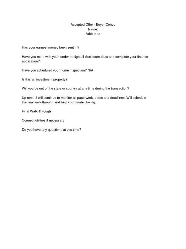 Buyer - Accepted Offer Convo - Checklist | PDF