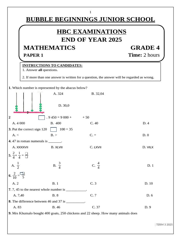 Grade 4 HBC Mathematics p1 t3 2025 | PDF | Chess Theory