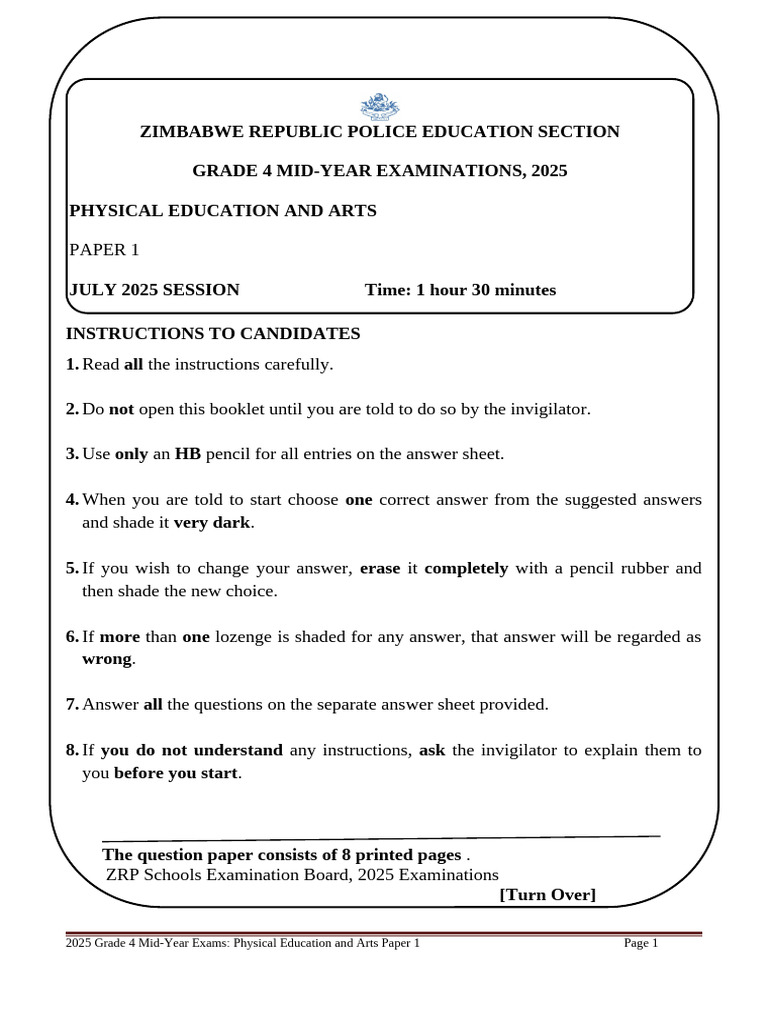 Grade 4 Pe & Arts Paper 1 | PDF