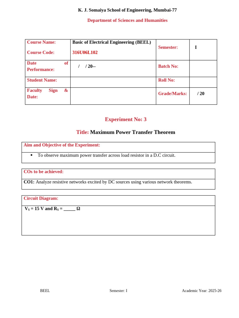 Expt 3 Maximum Power Theorem 25-26 | PDF | Voltage | Electrical Network