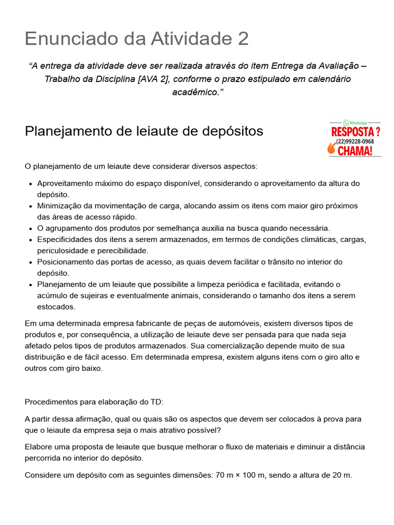 Enunciado Da Atividade 2 - Planejamento Das Instalações (Il30807) | PDF ...