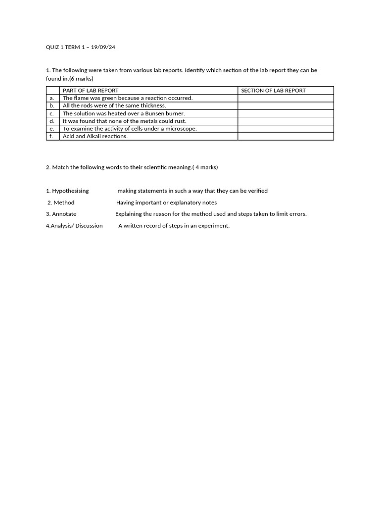 Form 1 Quiz 1 Term 1 | PDF