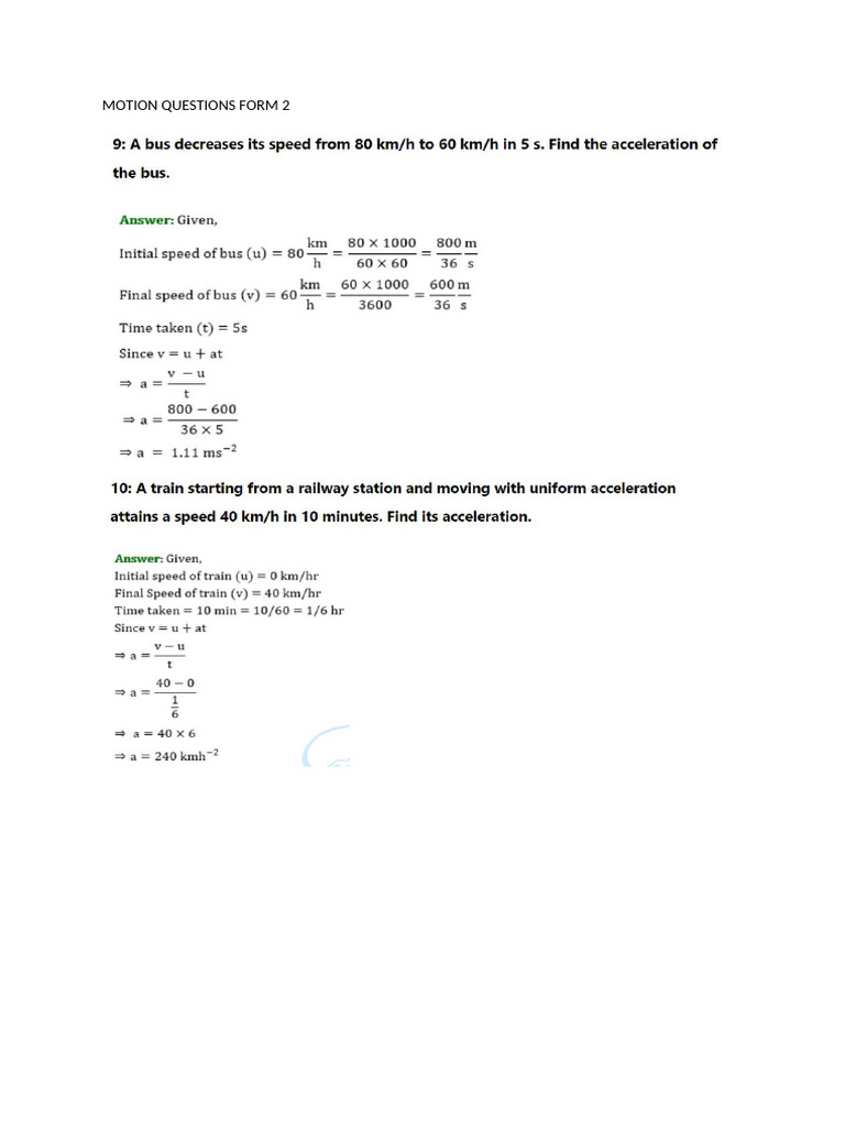 Motion Questions Form 2 | PDF
