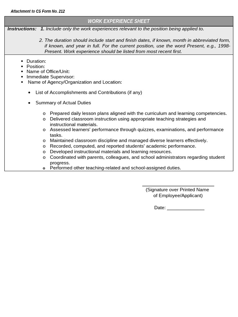 ANNEX H-2 - CS Form No. 212 Attachment - Work Experience Sheet | PDF