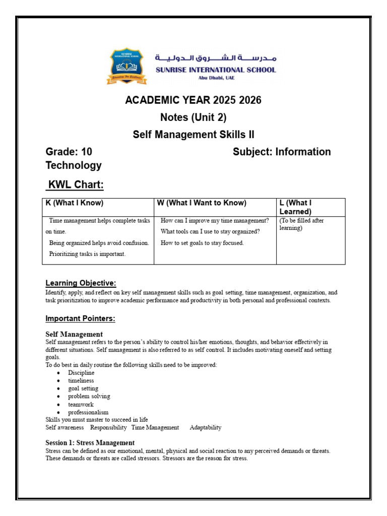 Unit 2 Self Mnagement Skills IT | PDF | Stress Management | Goal Setting