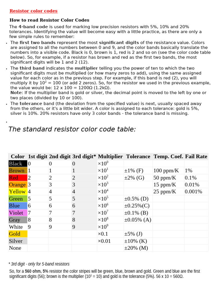 Resistor Color Codes | PDF | Resistor | Engineering Tolerance
