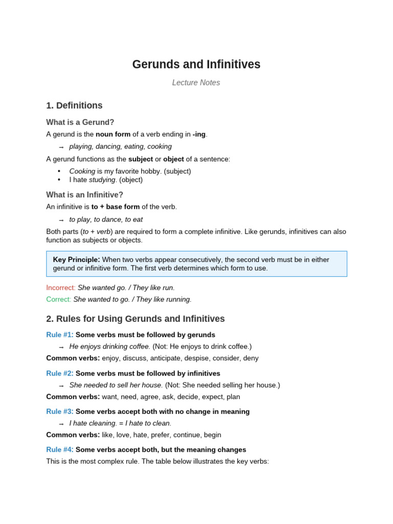 Gerunds and Infinitives Lecture Notes | PDF | Verb | Subject (Grammar)