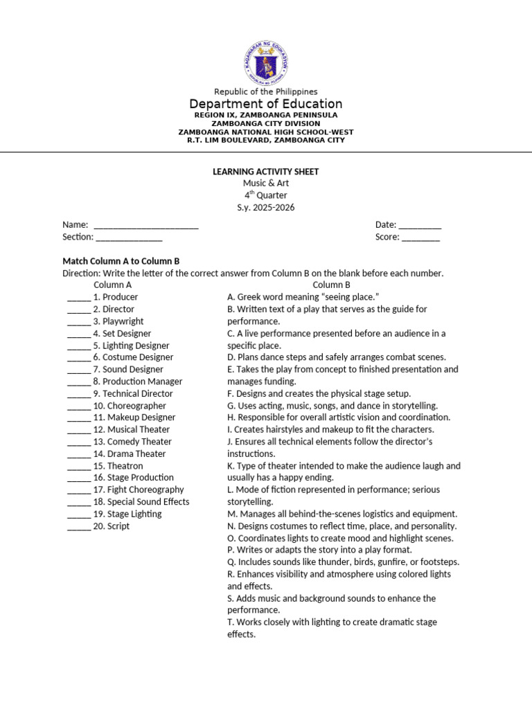 MONDAY WORKSHEET Revised 4th Quarter 2025 2026 | PDF | Theatre