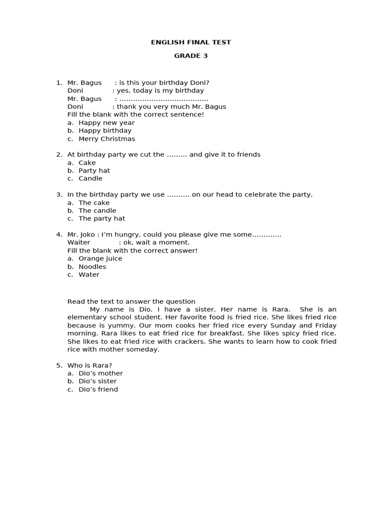 English Final Test Grade 3 | PDF | Foods | Cuisine