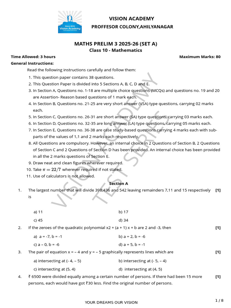 Maths Prelim 3 2025-26 (Set A) | PDF | Circle | Area