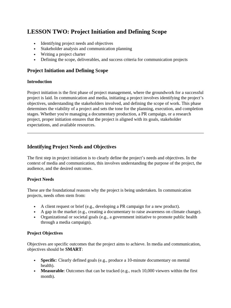 LESSON TWO EDITS Project Initiation and Defining Scope | PDF ...