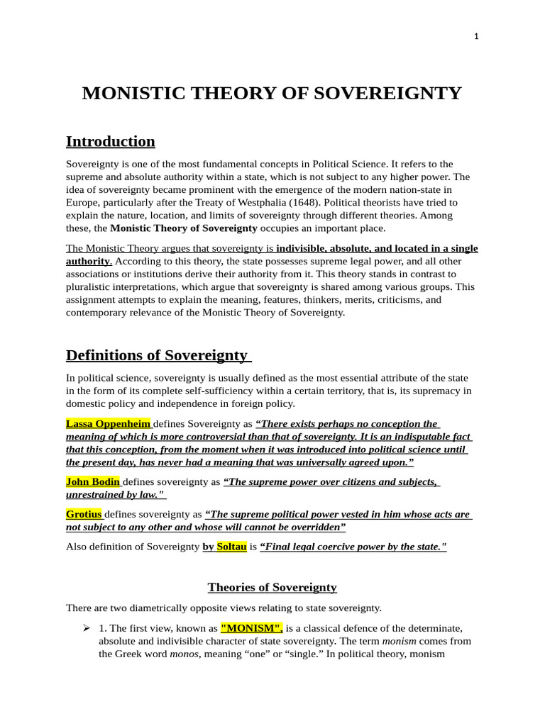 Monistic Theory of Sovereignty | PDF | Sovereignty | State (Polity)