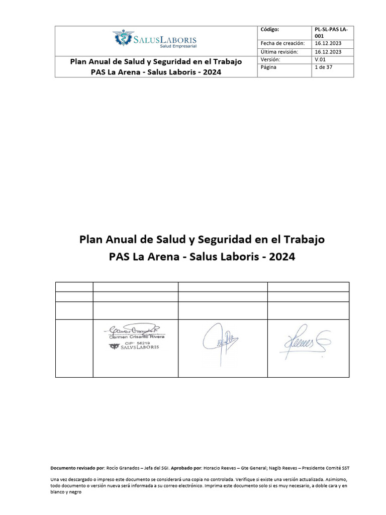 PL-SL-PAS LA-001. Plan de SST La Arena 2024 | PDF | Seguridad y salud ...