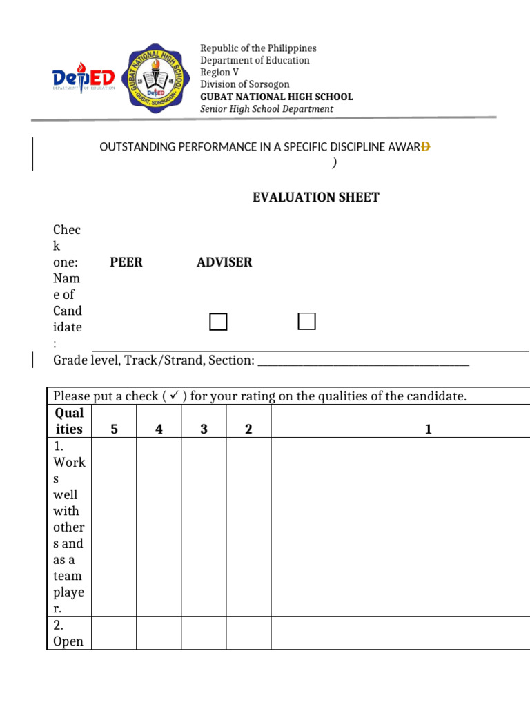 OPSD Assessment Sheet | PDF