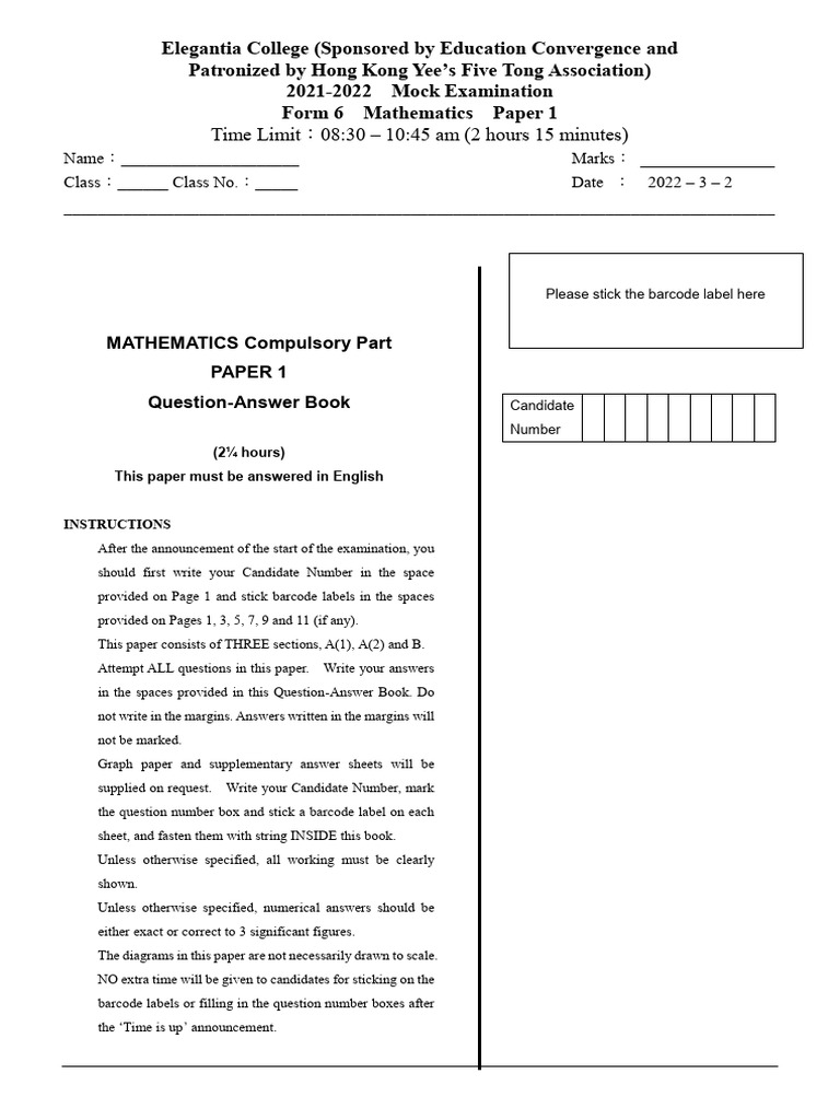 f6 Maths Mock Paper1 2122 | PDF | Mathematics
