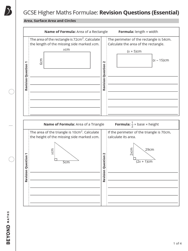 GCSE Higher Maths Formulae Revision Questions (Essential) | PDF | Area ...