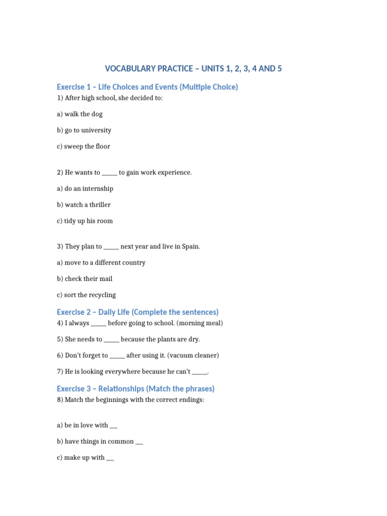 Vocabulary Practice Units 1 To 5-1 | PDF