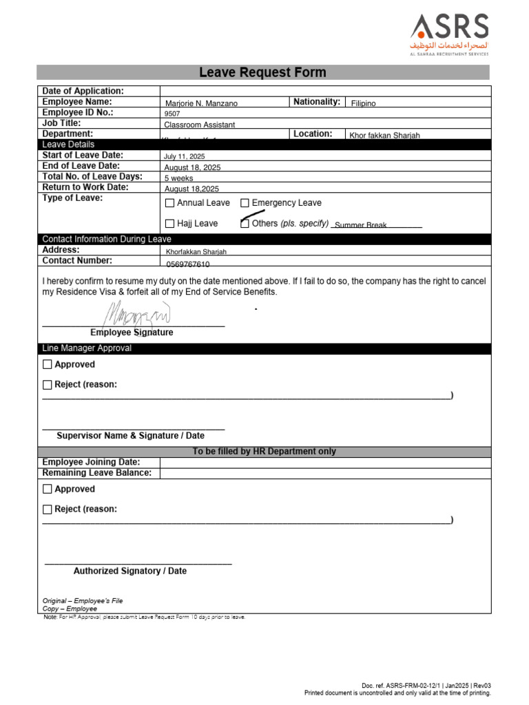 ASRS-FRM-02!12!1, Leave Request Form - Education | PDF