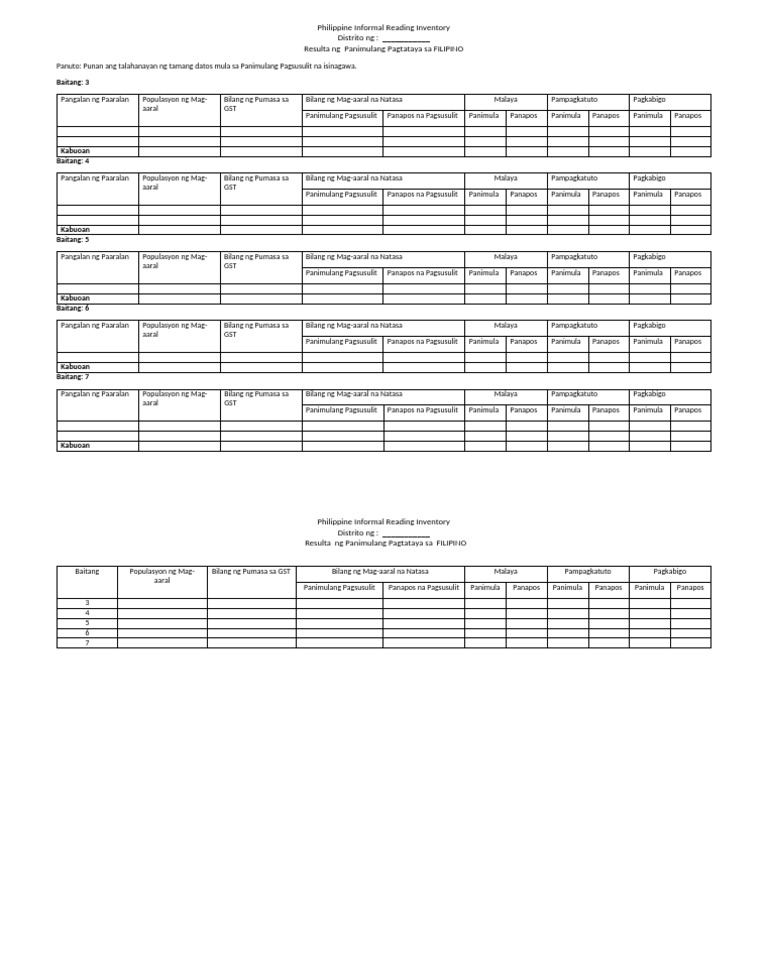 Template For Filipino Phil IRI | PDF