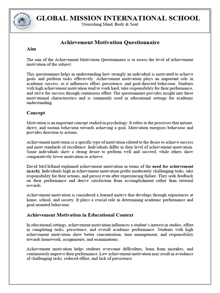 XI Journal Achievement Motivation Questionaire | PDF | Motivational ...