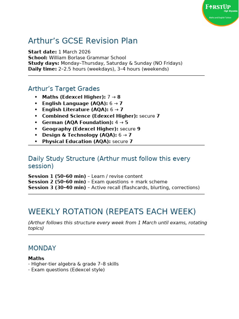 Arthur - Gcse Revision Plan (1 March 2026 Onwards) - 3 | PDF ...