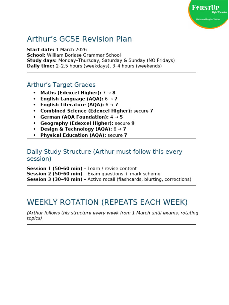Arthur - Gcse Revision Plan (1 March 2026 Onwards) - 2 | PDF ...