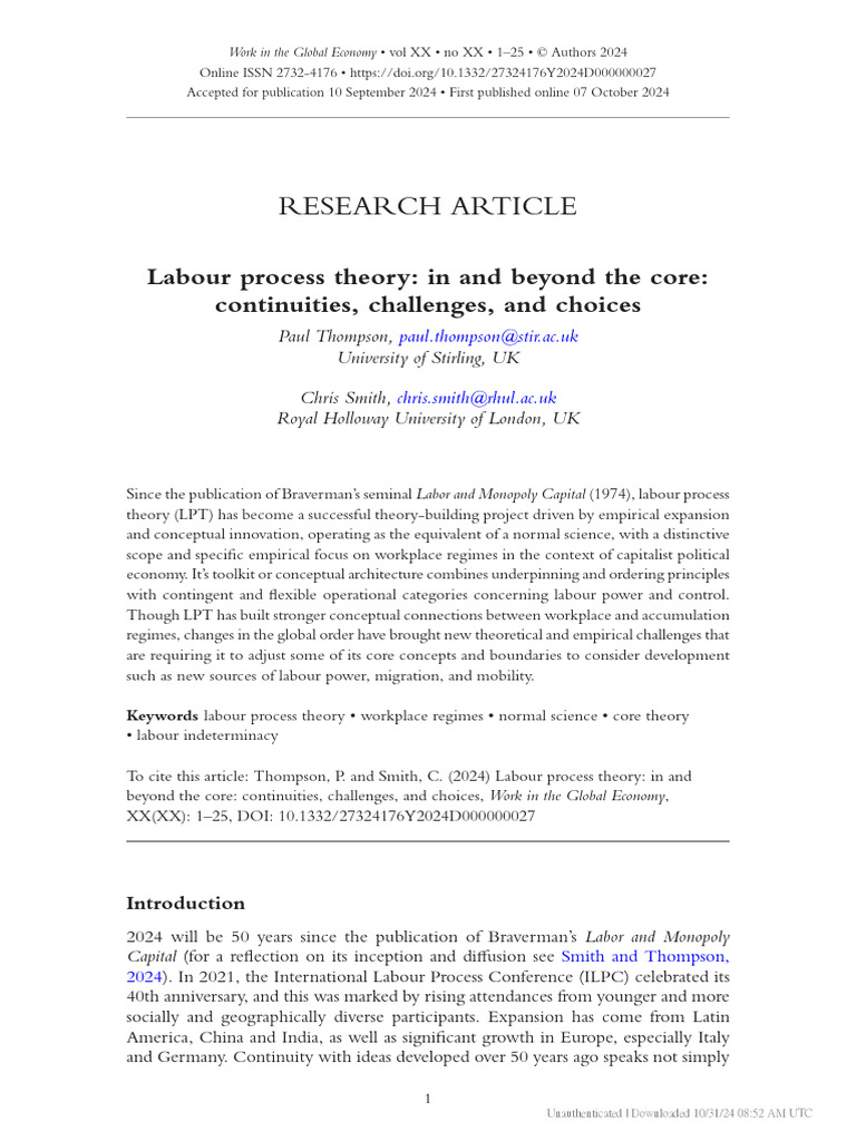 Labour Process Theory Beyond | PDF | Labour Economics | Theory