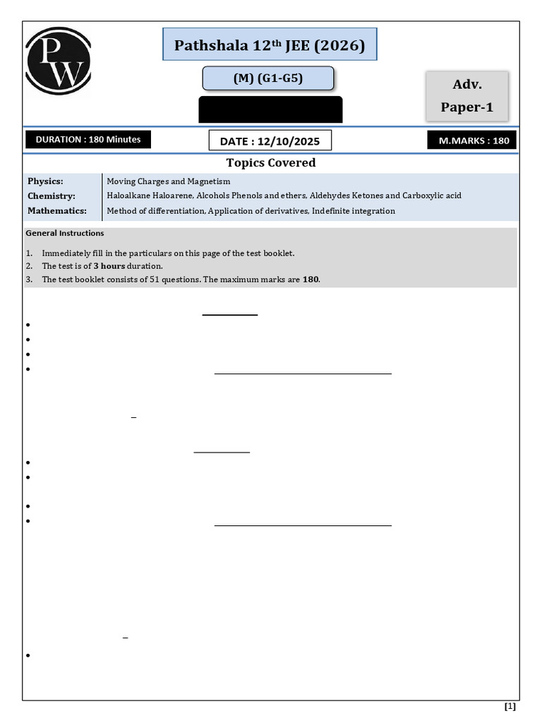 Major Test - 04 Test Paper (Paper 01) PDF | PDF | Magnetic Field | Mole ...