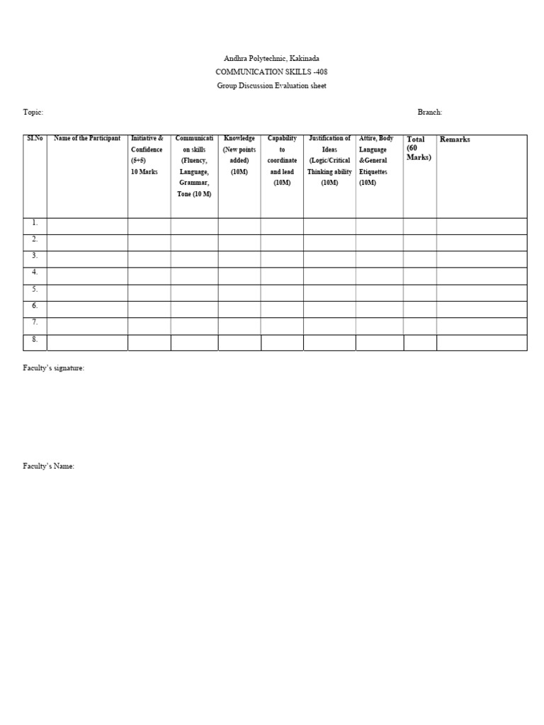 Group Discussion Evaluation Sheet | PDF