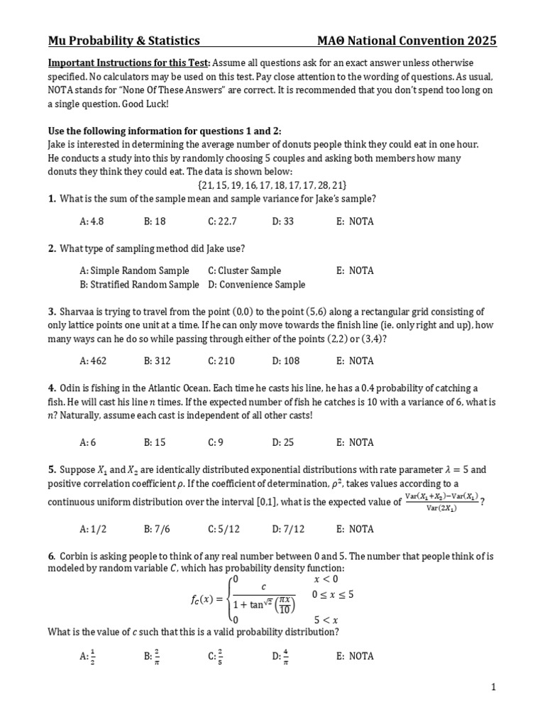 Mu Prob Stats Nats 2025 Test Edited-BR | PDF | Probability Distribution ...