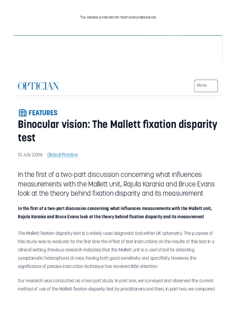 Binocular Vision - The Mallett Fixation Disparity Test | PDF ...