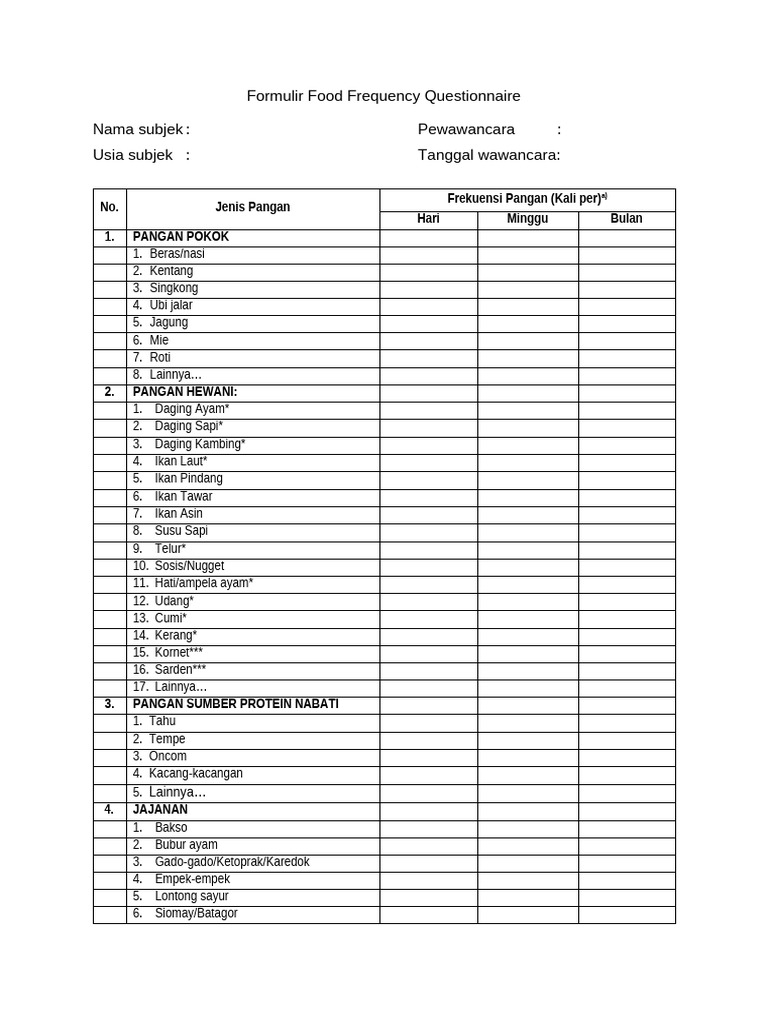 PSG-Formulir Food Frequency Questionnaire | PDF
