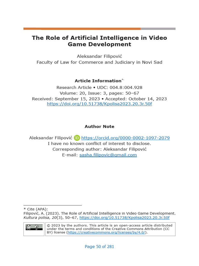 The Role of Irtificial Intelligence in Video Game Development | PDF ...
