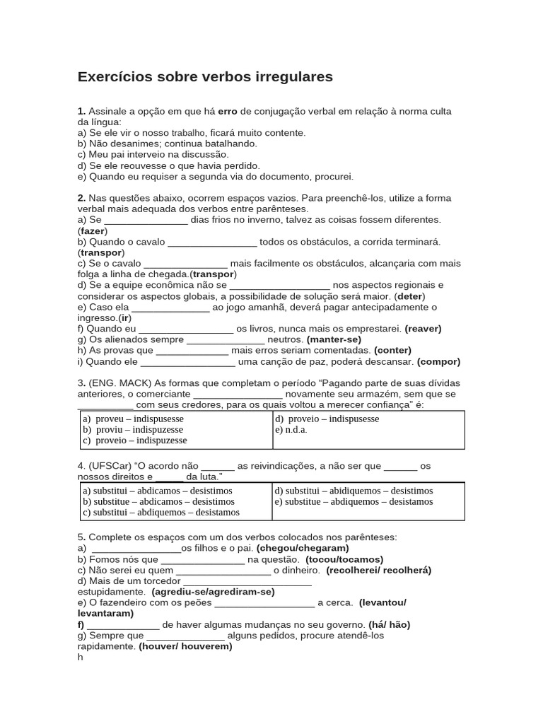 Exercícios Sobre Verbos Irregulares 25 Cópias | PDF
