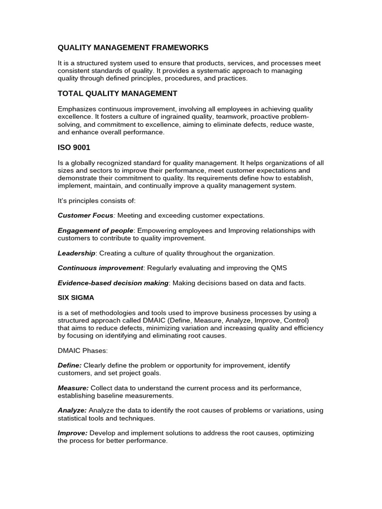 Quality Management Frameworks | PDF | Quality Management | Six Sigma