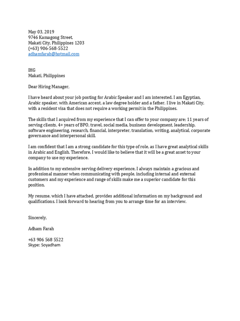 Cover Letter - Arabic Speaker - Applicant - IHG - Adham Farah | PDF