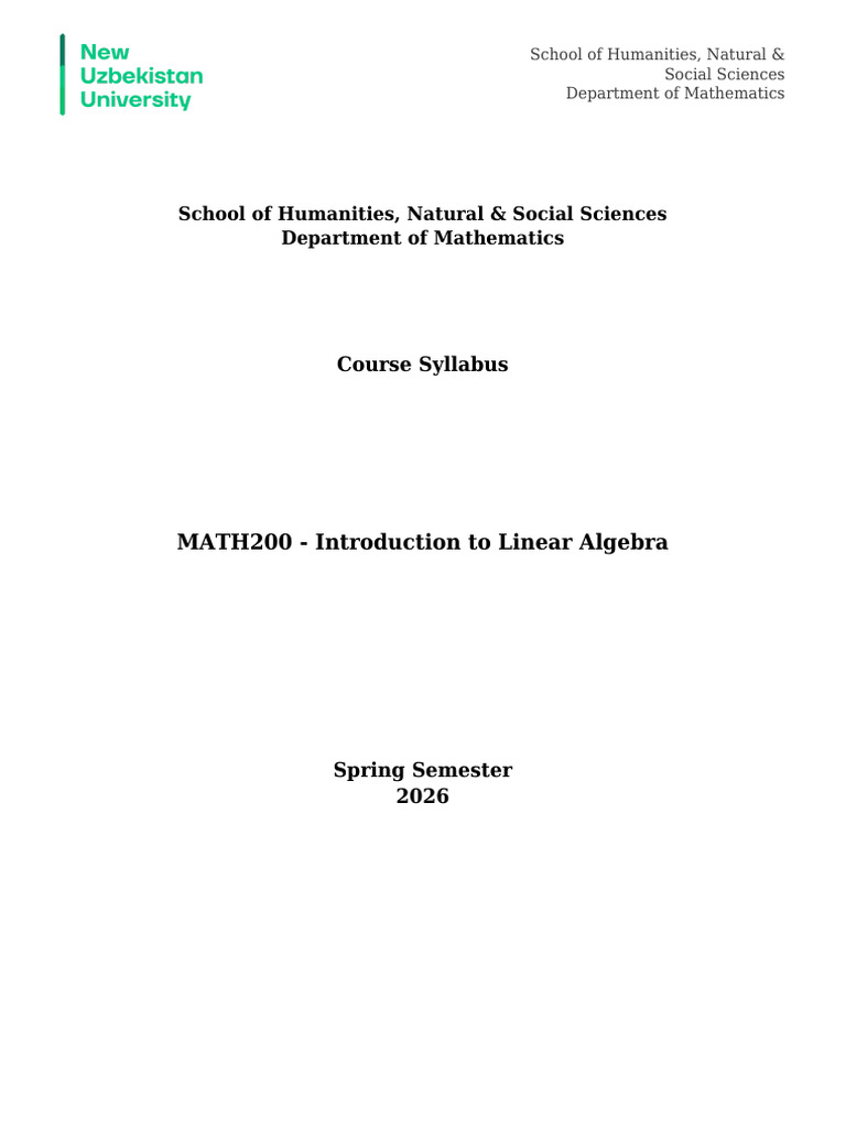 MATH200 - Introduction To Linear Algebra Spring 20260 | PDF ...