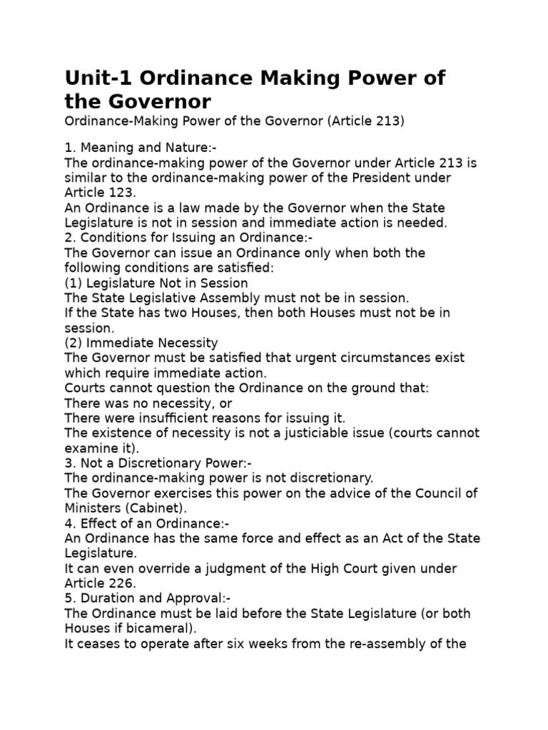 Unit-1 Ordinance Making Power of The Governor | PDF | Act Of Parliament ...