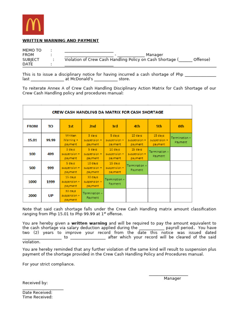 Written Warning and Payment - Cash Shortage | PDF