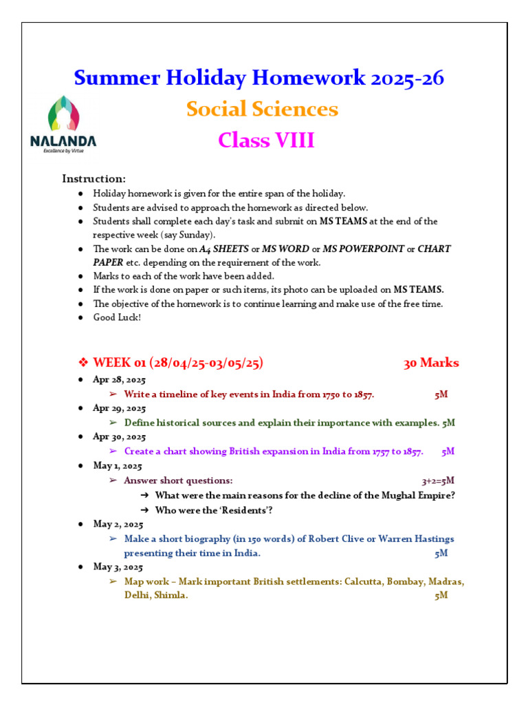 Class 8 Summer Holiday Homework 2025-26 2 | PDF