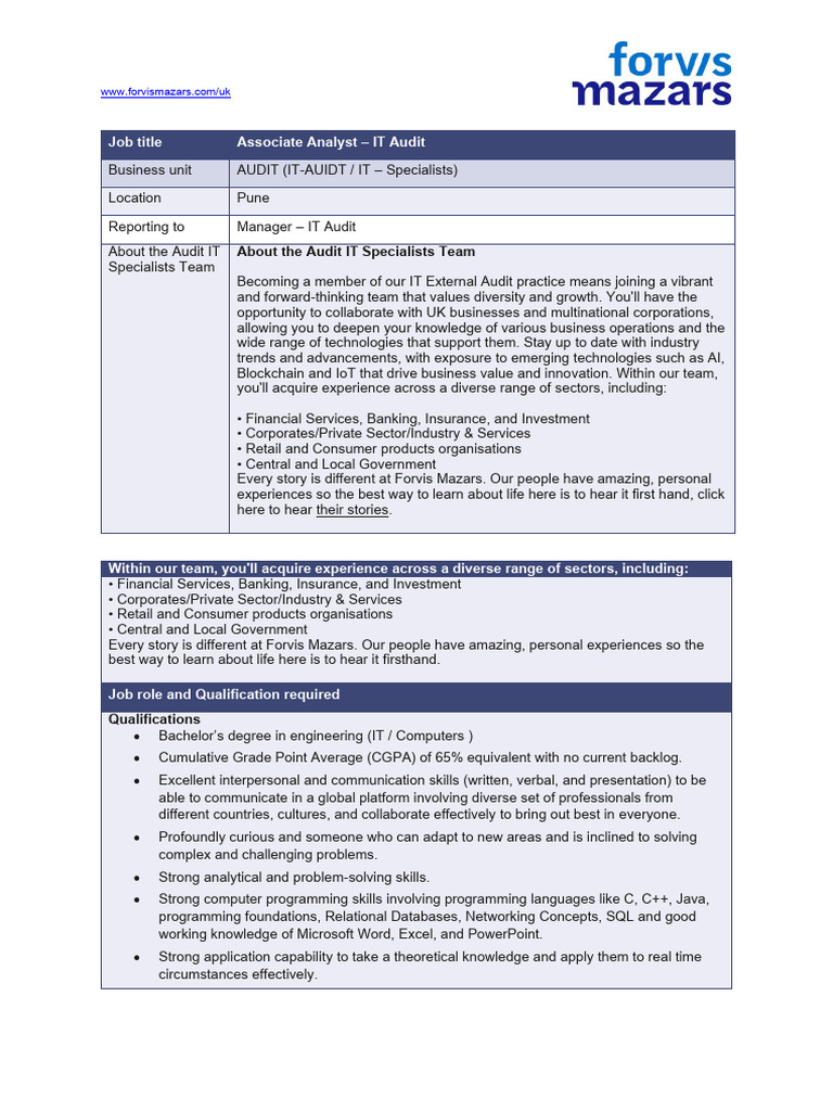 Job Description - Associate Analyst - IT Audit | PDF | Knowledge