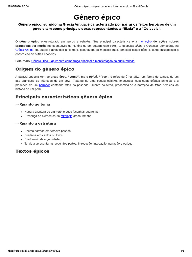 Gênero Épico - Origem, Características, Exemplos - Brasil Escola | PDF ...